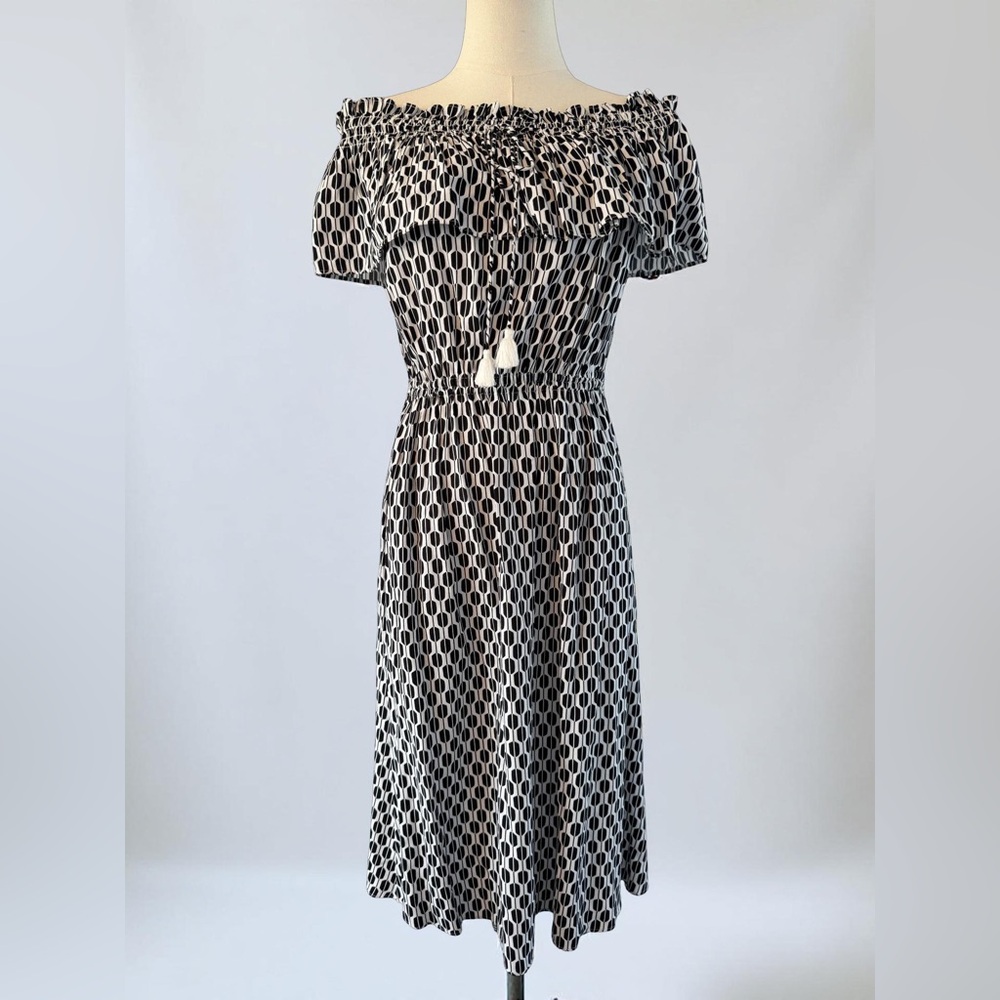 Kate Spade Black and White Geometric Print Off-Shoulder Midi Dress Size Small